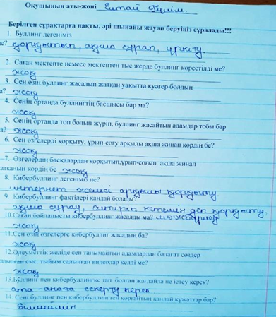 Қарағаш орта мектебі мемлекеттік коммуналдық мекемесінің  5-11 сынып оқушылары арасында «Мектеп оқушылары арасында буллинг пен кибербуллингті анықтау» сауалнамасының нәтижесі бойынша АНЫҚТАМА